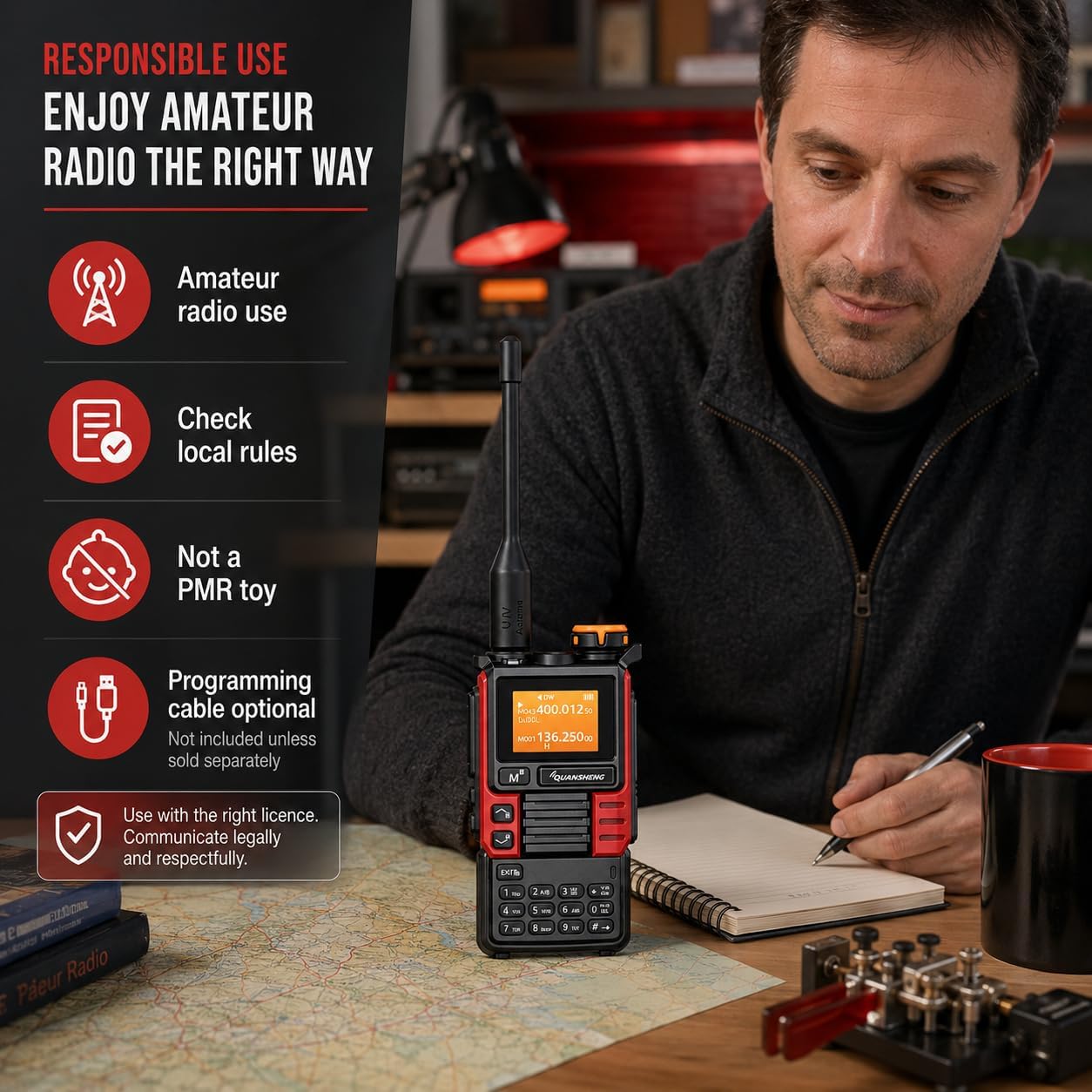 Image showing responsible use guidelines for amateur radio, including checking local rules and using with a license