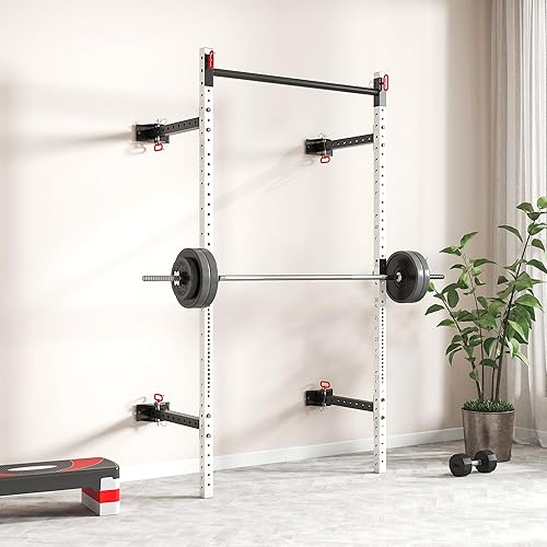 Miniatura 9 de Soozier Estante plegable para sentadillas con barra de dominadas ajustable, soporte de potencia de 1000 libras de capacidad montado en la pared,