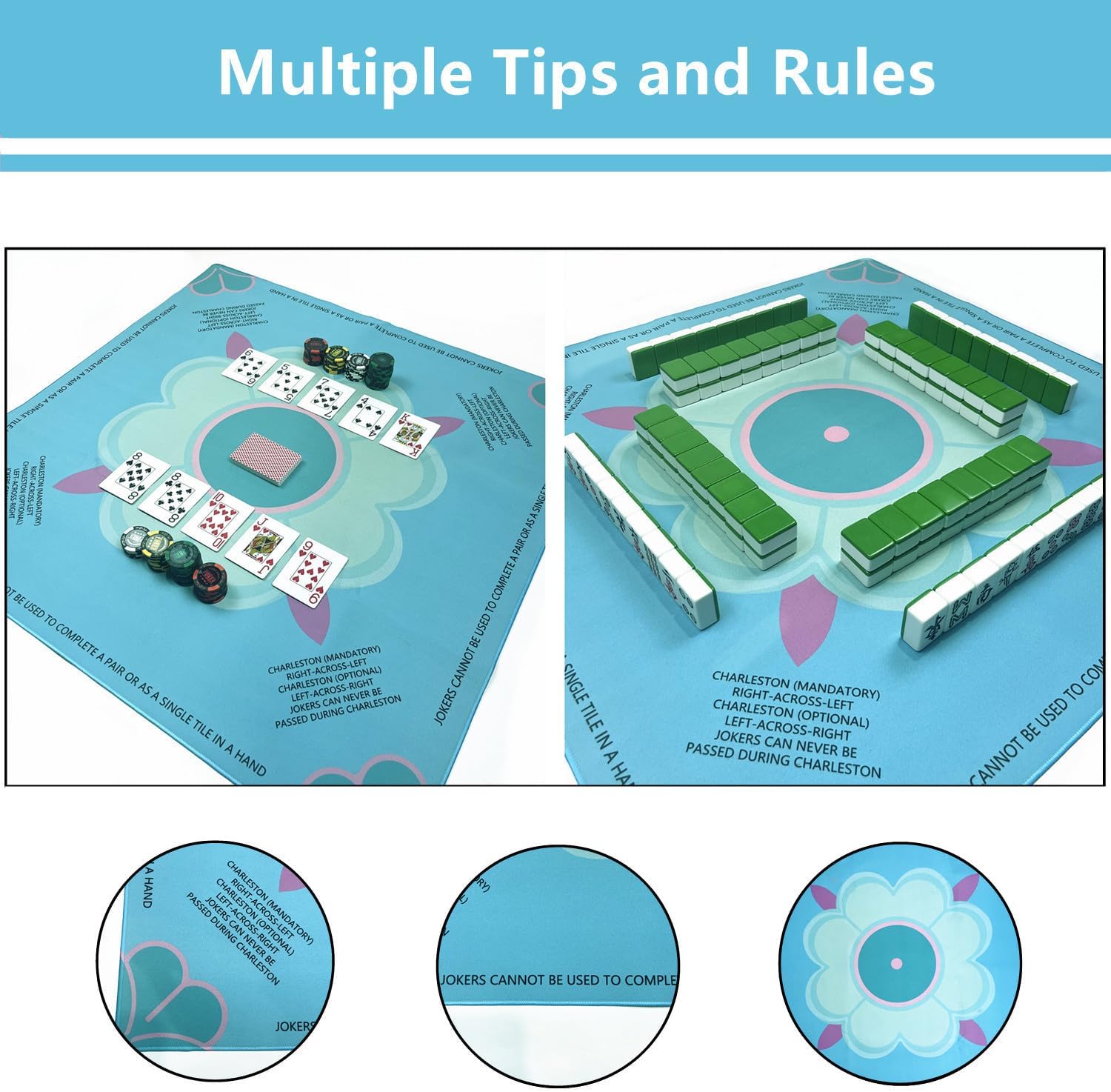 Blue Mahjong Mat for Table with Rules Anti Slip and Noise Reduction Table Cover for Mahjong, Poker, Card Games, Board Games, Dominoes, Tile Games 31.5" x 31.5" with 1 Carrying Bag (Light Blue)