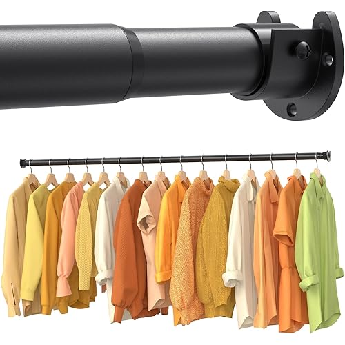 Closet Rods for Hanging Clothes, 17-84 Inch No-Cut Stepless Adjustable Closet Rod, 1.3 Inch Heavy Duty Metal Closet Hanging Rod with Brackets, Black Closet Bar for Closet, Laundry Room, RV, Wardrobes