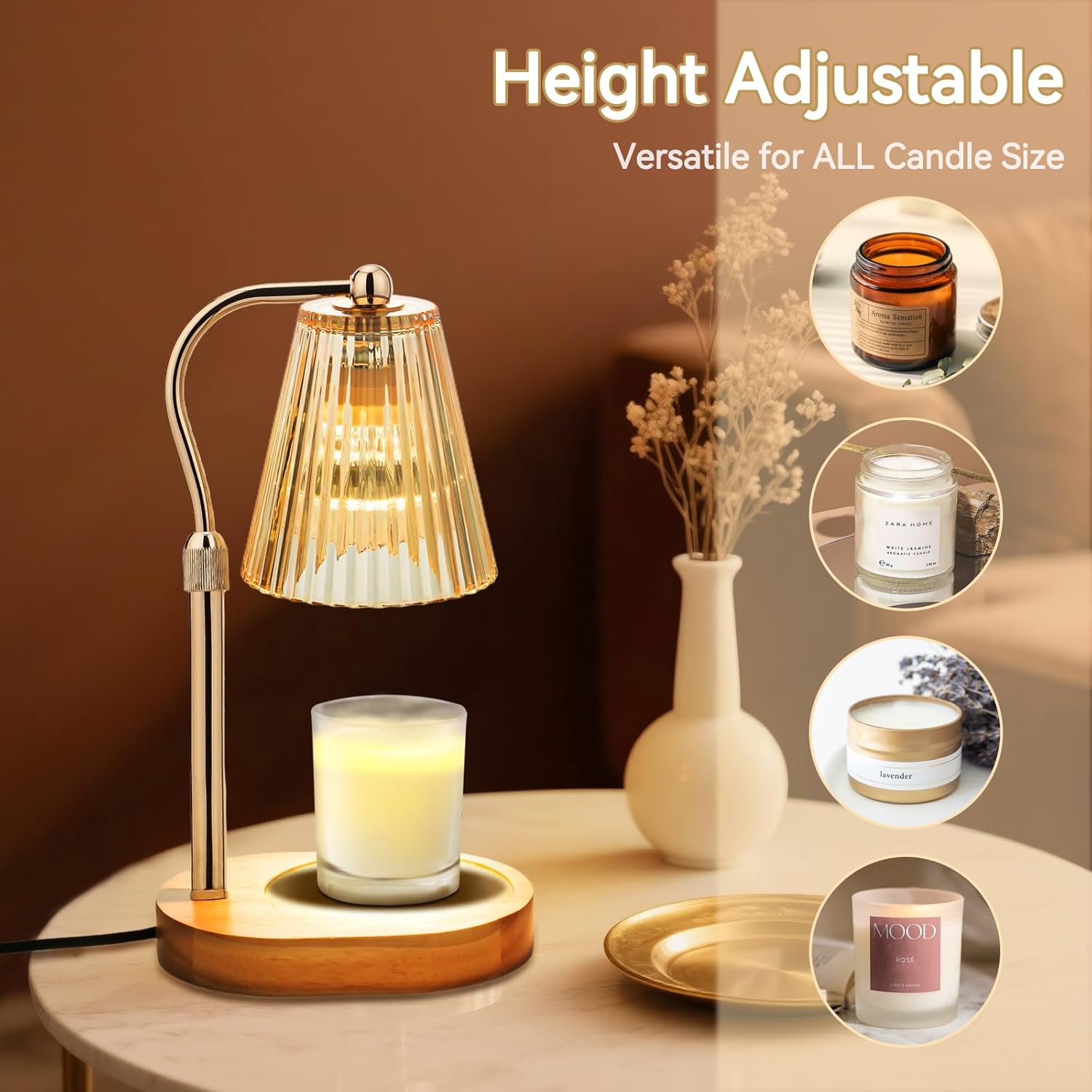 Candle Warmer Lamp with 2Bulbs, Adjustable Height Dimmable Wax Warmer with Timer, Wax Melt Warmer with 4 Brightnes, Candle Warmer Light for Mothers Day/Birthday Gifts