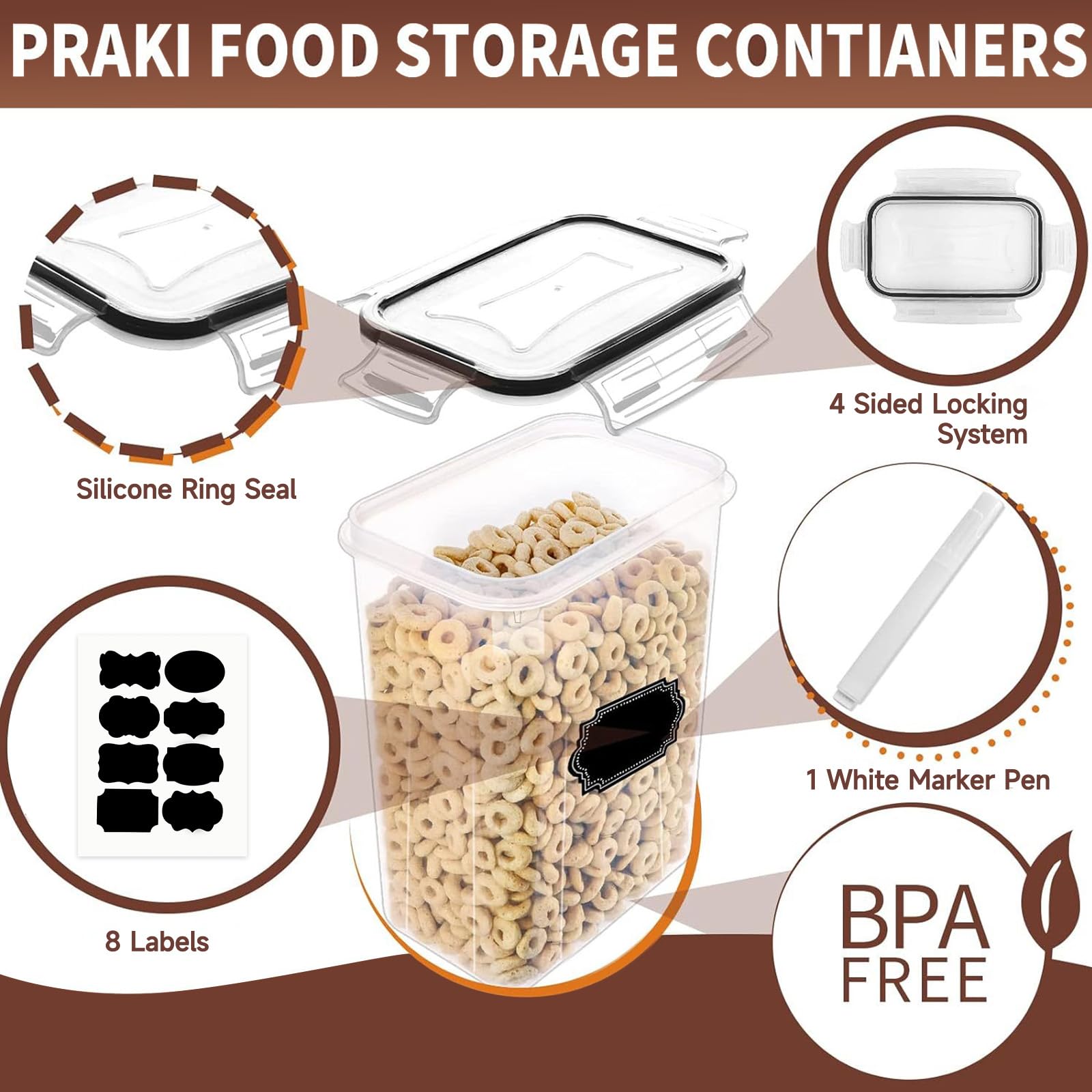 8 Barattoli Cucina - Contenitori Ermetici per Alimenti - Contenitori per Alimenti, 14L, BPA-Free, Resistenti a Umidità e Tarme, con Pennarello ed Etichette, Ideali per Cereali, Farina, Muesli, ecc