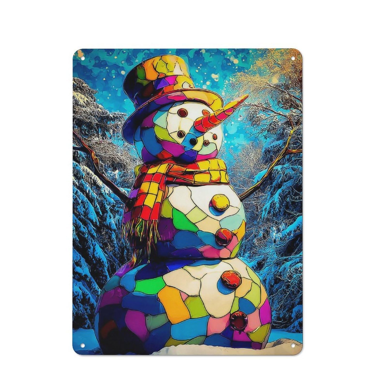 Junmoney Colorful Snowman Winter Scene-1 Metal Wall Sign With Design 40X30cm, Loft Style Studio Wall Art For Flat, Bar, Studio Or Gallery Wall