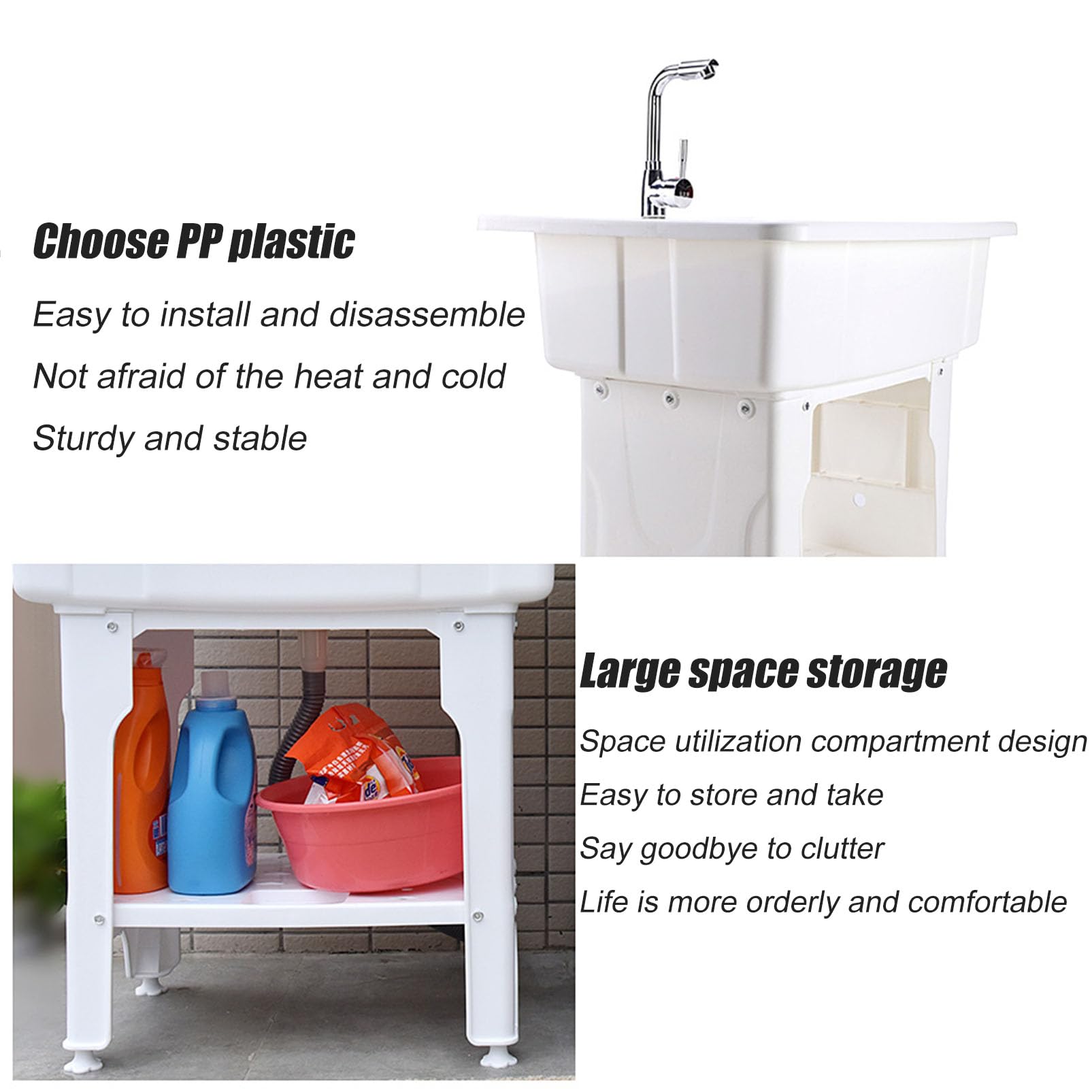 Fregadero para lavandería con Grifo, Fregadero Independiente, Lavabo de plástico para Limpieza, Lavabo Interior y Exterior para Lavar Ropa a Mano, Fregadero para estación de Lavado de Garaje