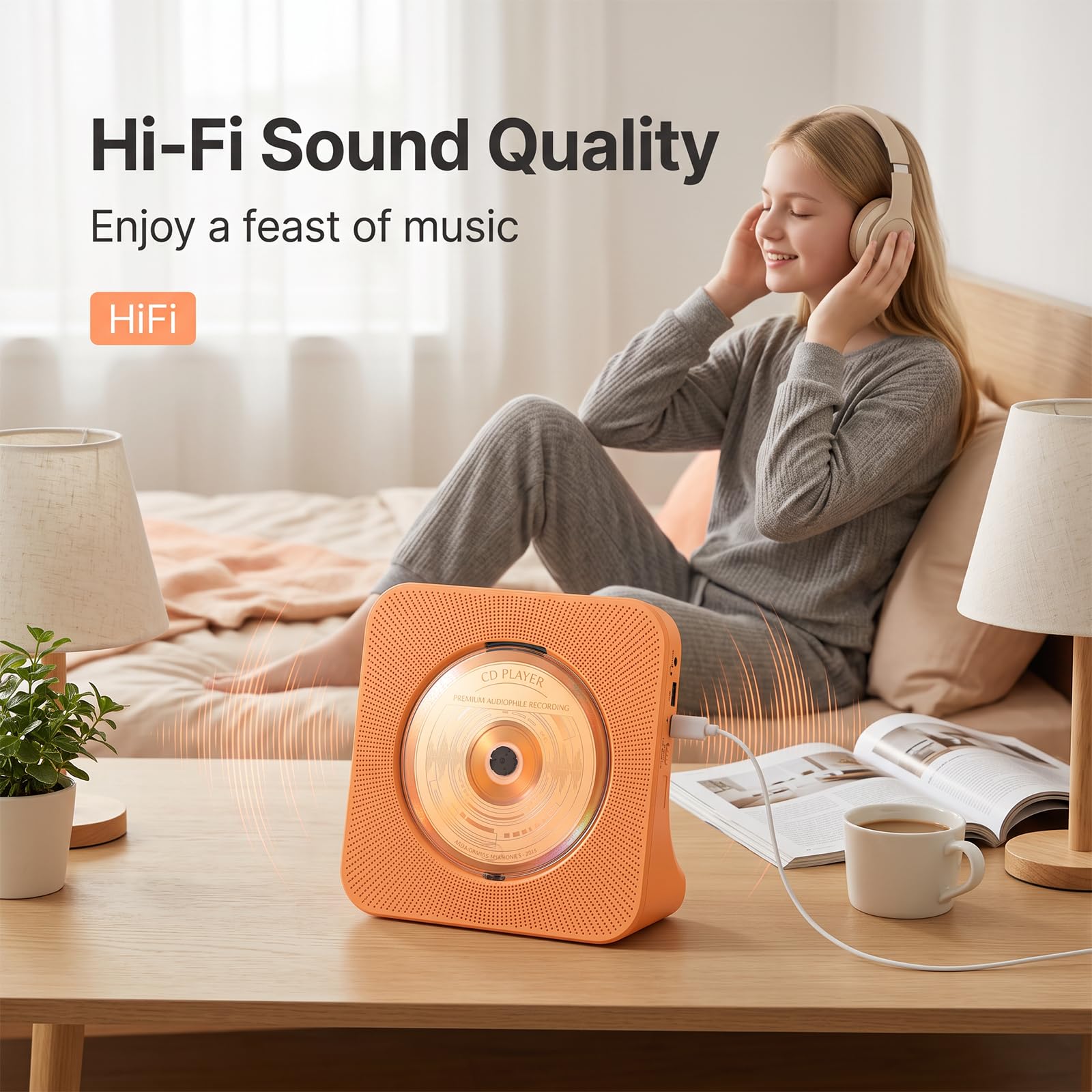 Lecteur CD Bluetooth 5.0 avec Haut-parleurs, Radio Orange