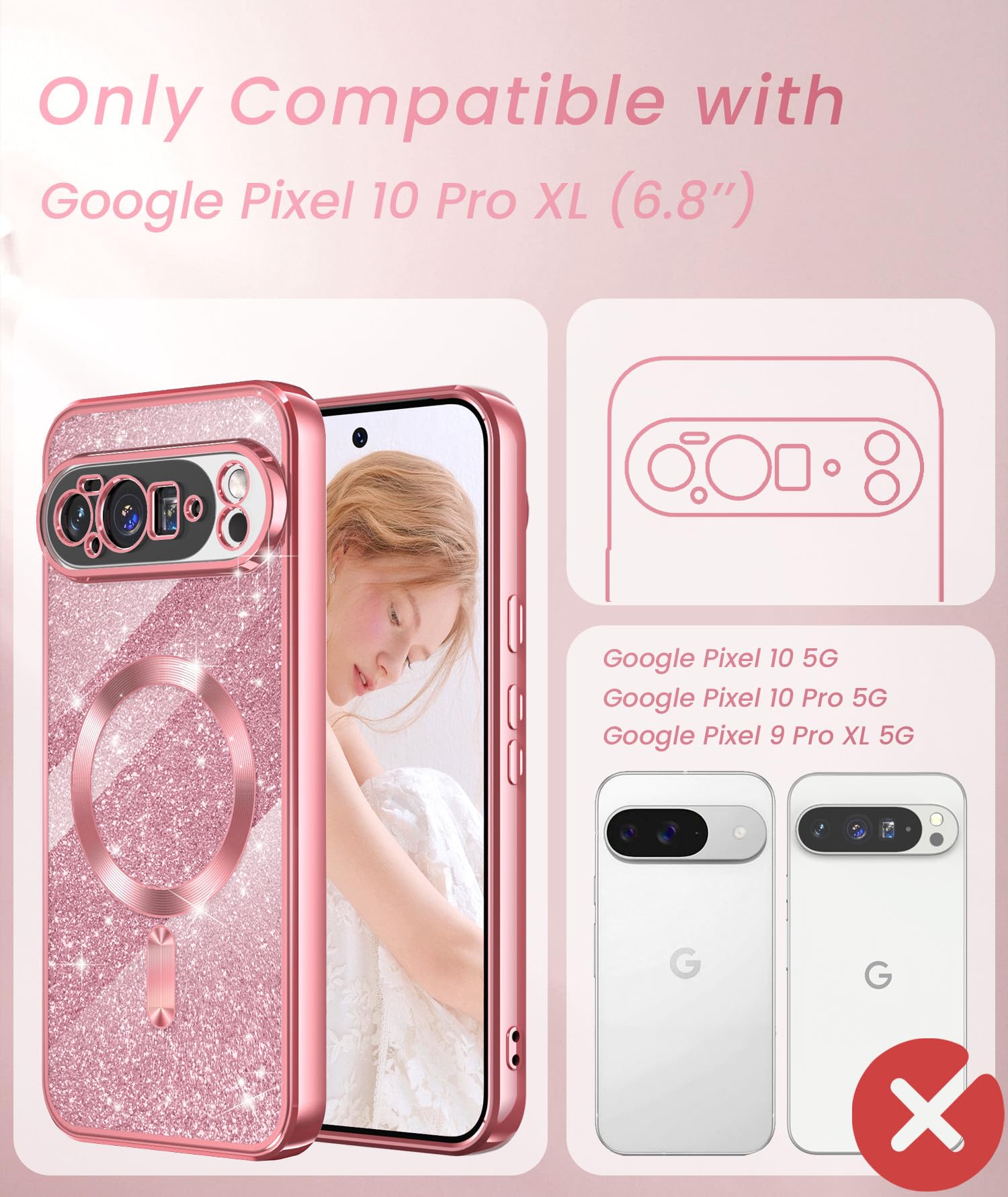 Magnetic for Google Pixel 10 Pro XL Case + 2X Screen Protectors,Luxury Plated Gold Edge [Glitter Card&Wrist Strap] Slim Soft Crystal Clear TPU Shockproof Case Cover for Pixel 10 Pro XL-Pink
