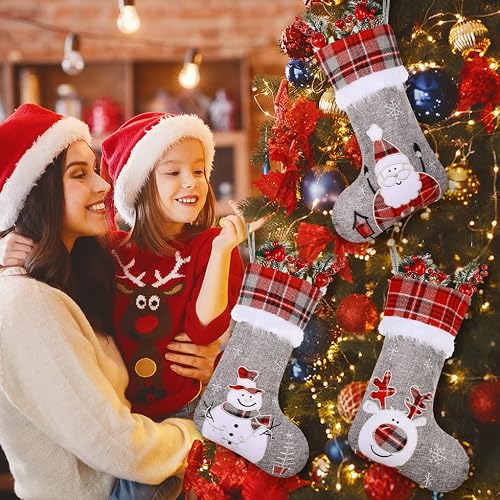 Toes Home Grey Burlap Christmas Stockings 3 Pack, 18" Red Buffalo Plaid Embroidered Cute Santa Snowman Reindeer Large Hanging Stocking For Christmas Decorations Ornaments Gifts Stuffers Bag #TOP5