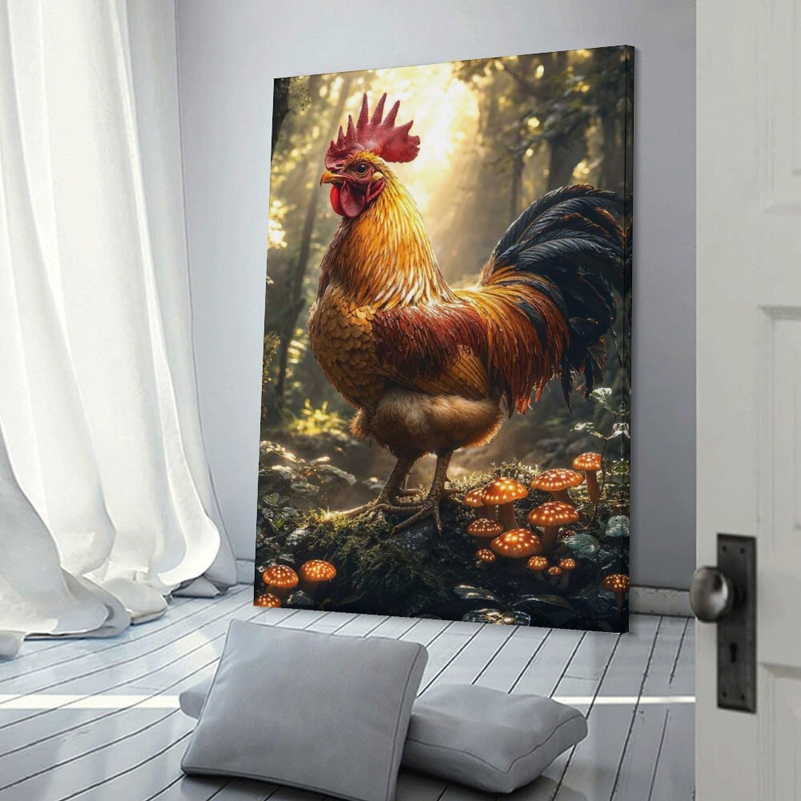 Junmoney Rooster in Enchanted Forest Wall Picture Print, 20x30inch(50x75cm), for Flats, Guest Rooms Or Compact Rooms, Decorative Canvas Decor for Home Updates
