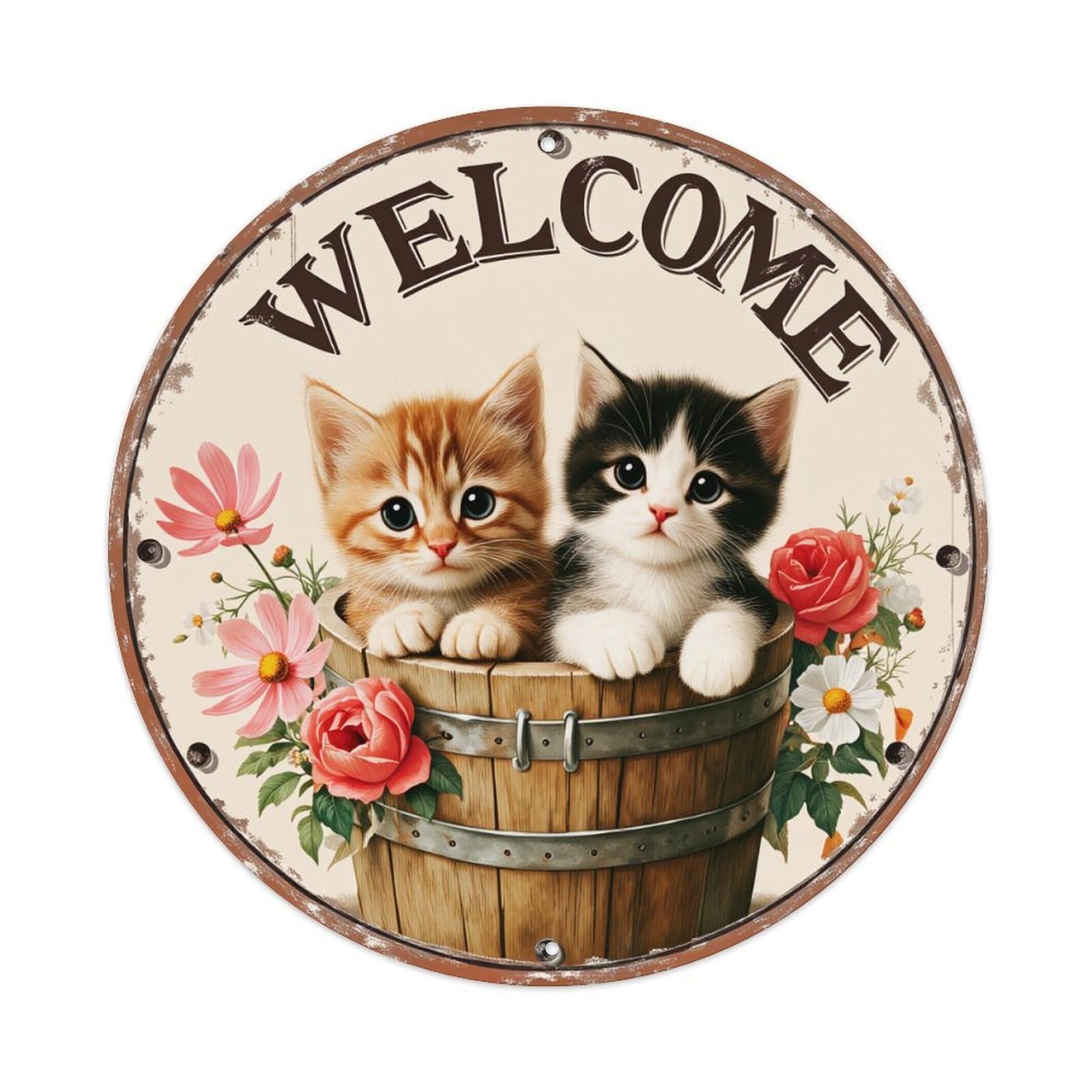 Welcome Kittens Bucket Flowers Roses Round Tin Sign Retro Metal Sign for Cafe Bar Pub Home Game Room Gym Club Wall Decoration Vintage Metal Poster 8x8 Inch
