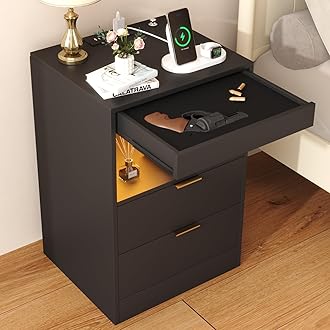 Yusong Night Stand with Gun Drawer & Invisible Lock, Bedside Table, LED Nightstand with Charging Station, Modern Night Stand, Wood Sofa Couch End Side Table with 2 Pull-Out Shelf (Black 002)