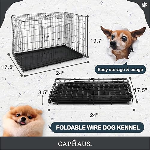 Miniatura 2 de CAPHAUS Perrera plegable de alambre de metal para perros con bandeja a prueba de fugas y patas protectoras y panel divisor, puerta individual o