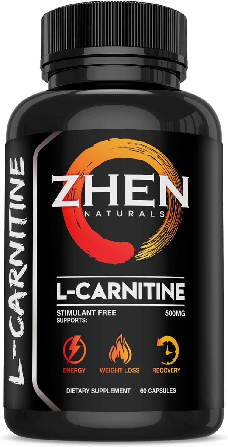 Zhen Naturals Premium L-Carnitine L-Tartrate 500mg Performance Supplement Supports Energy, Weight Loss & Muscle Recovery - Stimulant Free - 60 Capsules