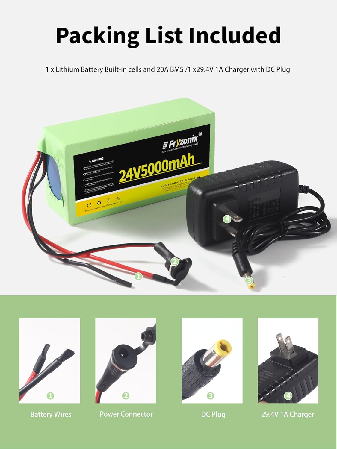 1 Pack 24V 5Ah Lithium Battery with 29.4V 1A Charger, 24 Volt Rechargeable Battery for DIY Projects - Image 3