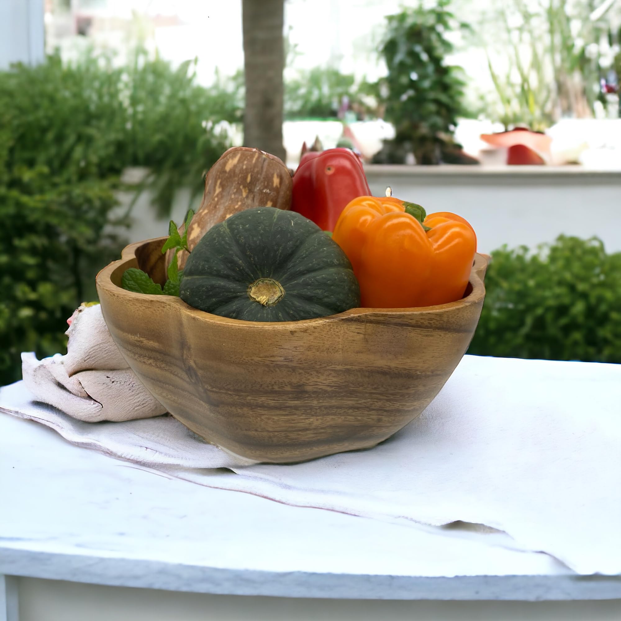 Cuenco redondo de madera para servir, para alimentos, ensaladas, frutas, exhibición decorativa, acacia tallada a mano, forma única de vieira, para la mesa de comedor y la cocina, 10 x 4.5
