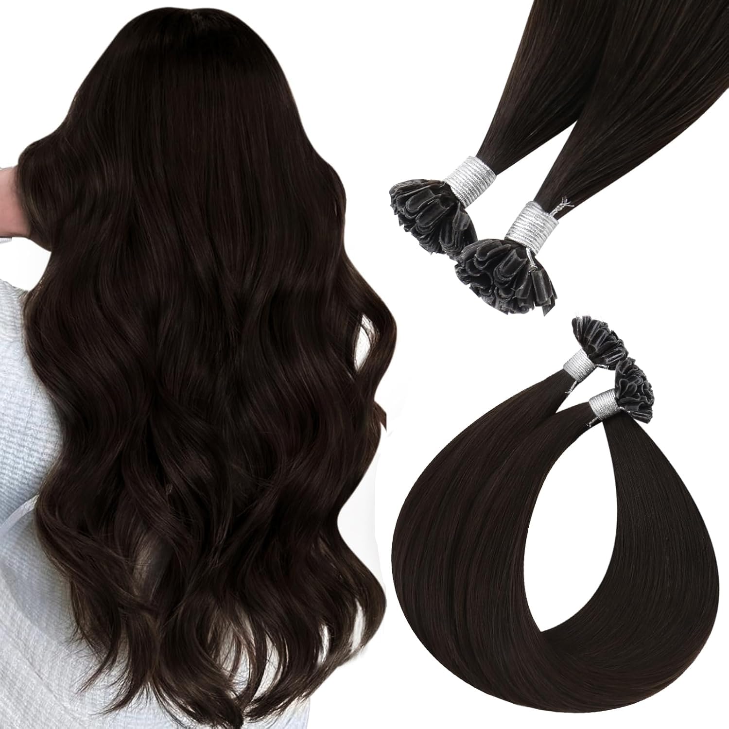 Easyouth U Tip Hair Extensions Brown Keratin Tip Hair Extensions Real Human Hair Darkest Brown Keratin Hair Extension Human Hair with Natural Texture 18Inch 50G 1G/S