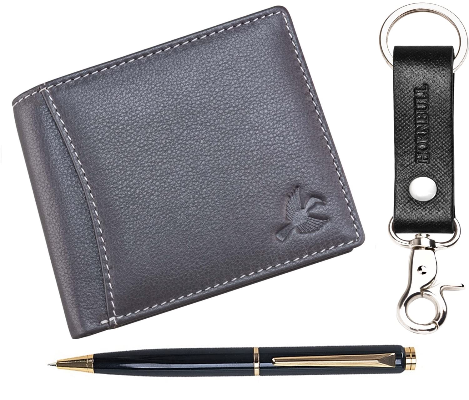 HORNBULL Themes Grey Leather Wallet for Mens, Keyring & Pen Combo Gift Set for Men PN126