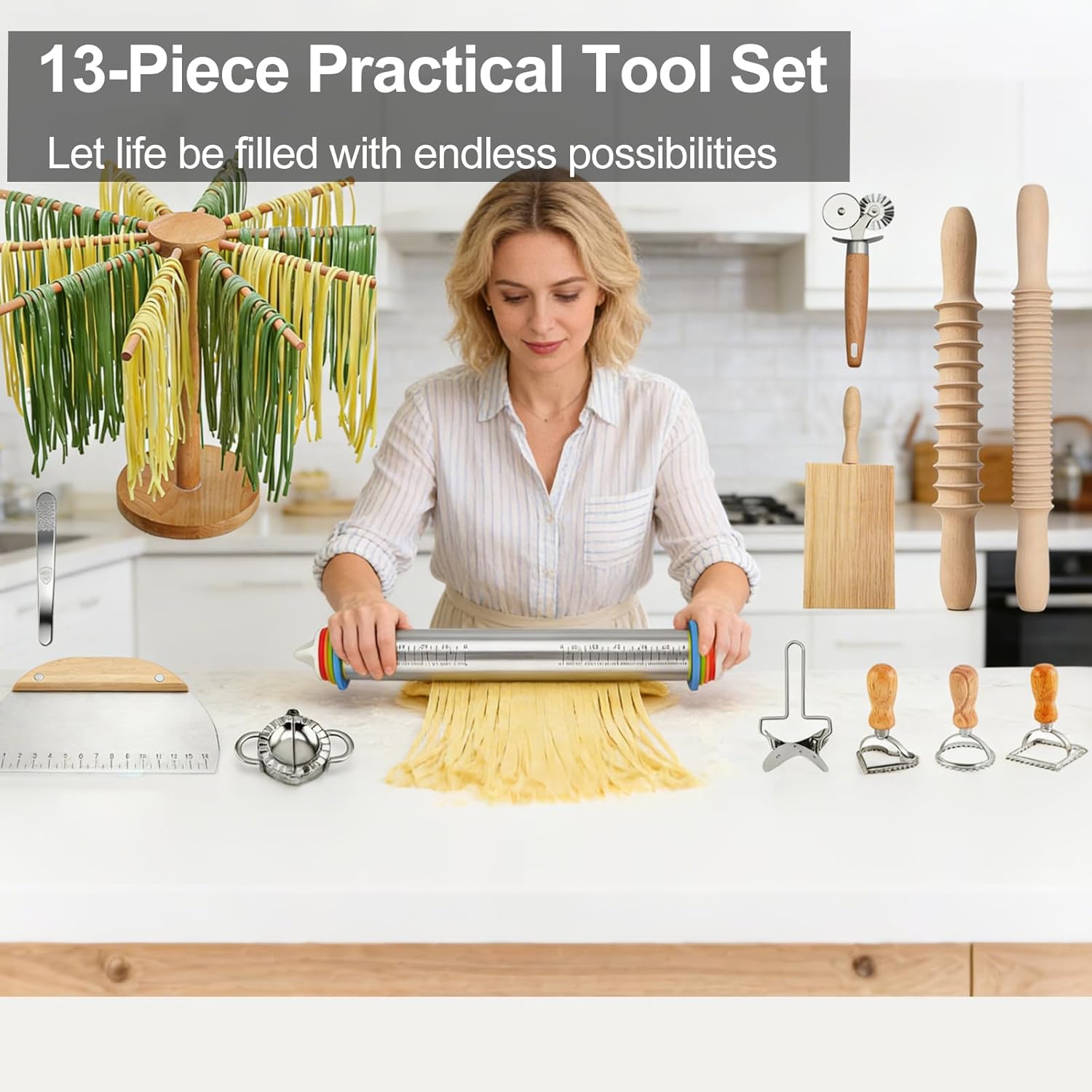 Professional 13 PCS Pasta Making Tools Set, Stainless Steel Adjustable Rolling Pin, Wooden Pasta Drying Rack, Ravioli Mold Cutter for Homemade Spaghetti, Fettuccine, Lasagna, Gnocchi, Dumpling