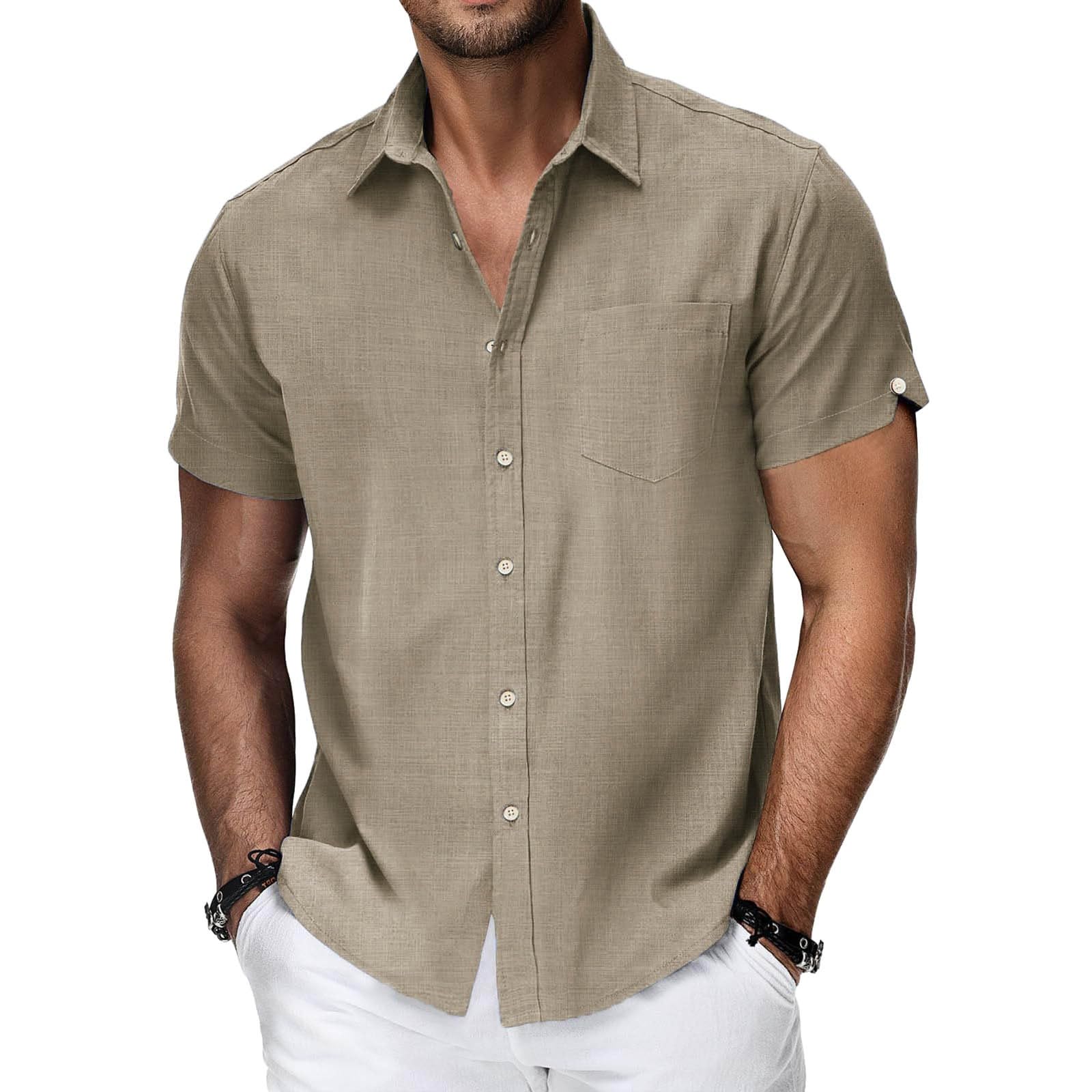 Mens Short Sleeve Dress Shirts Cotton Linen Summer Button Down Shirt for Business Work Comfy Casual Collared Shirt - 1