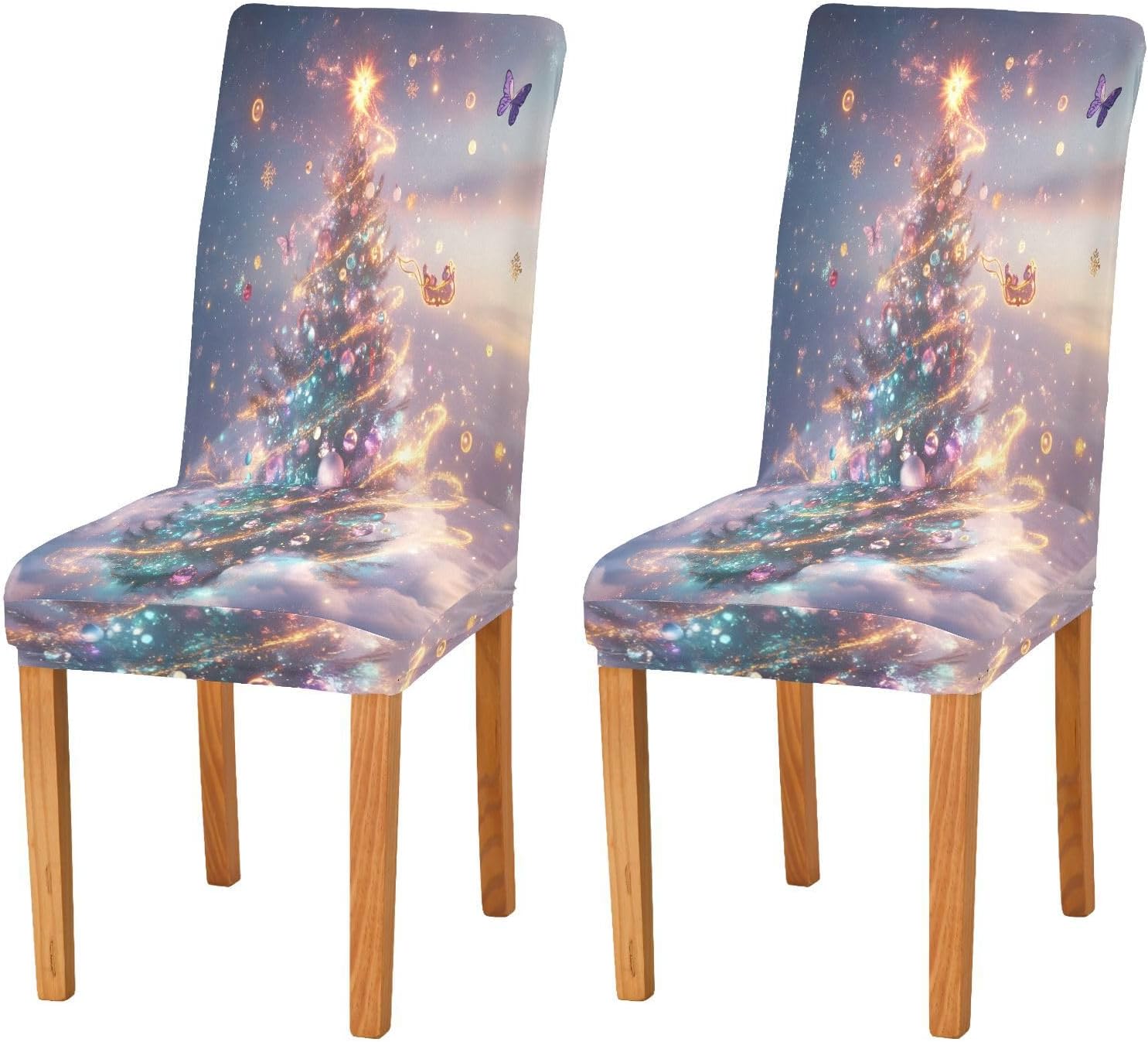 ALAZA Chair Covers for Dining Room, Dreamy Christmas Tree Butterfly Stretch Chair Cover Sets Chair Protector Removable Washable for Ktichen Restaurant Hotel