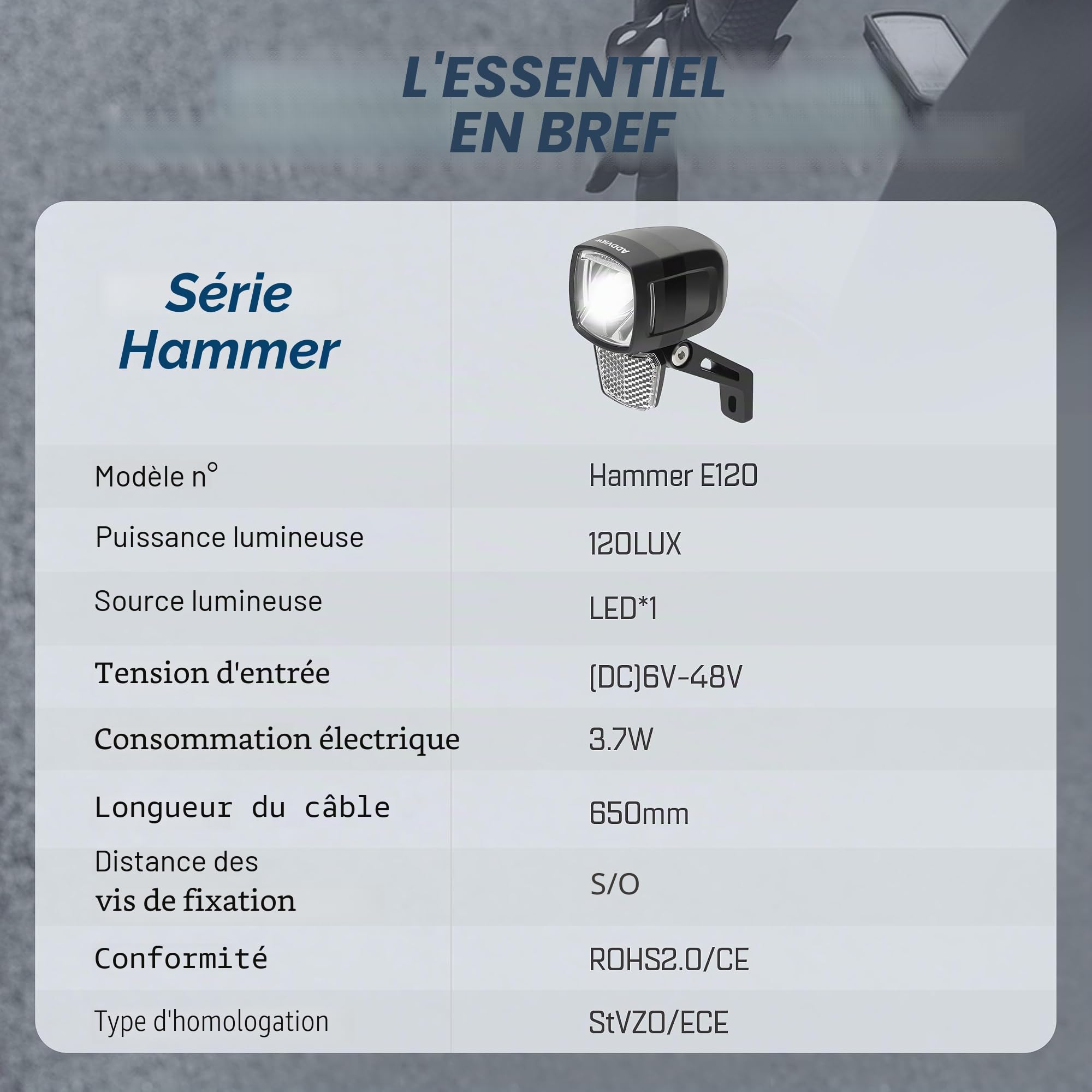 ADDVIEW E120 Feu avant pour vélo électrique Marteau E120 – Lampe de vélo LED homologuée StVZO & ECE en aluminium/ABS, étanche, DC 6–48 V, visibilité latérale, pour vélos électriques et pedelecs