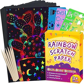 FUNNYB&G Rainbow Scratch Paper Art for Kids - 60 Pcs Magic Rainbow Scratch Paper Off Set Scratch Easter Crafts Arts Supplies Kits Pads Sheets for Party Games Halloween Christmas Birthday Gifts