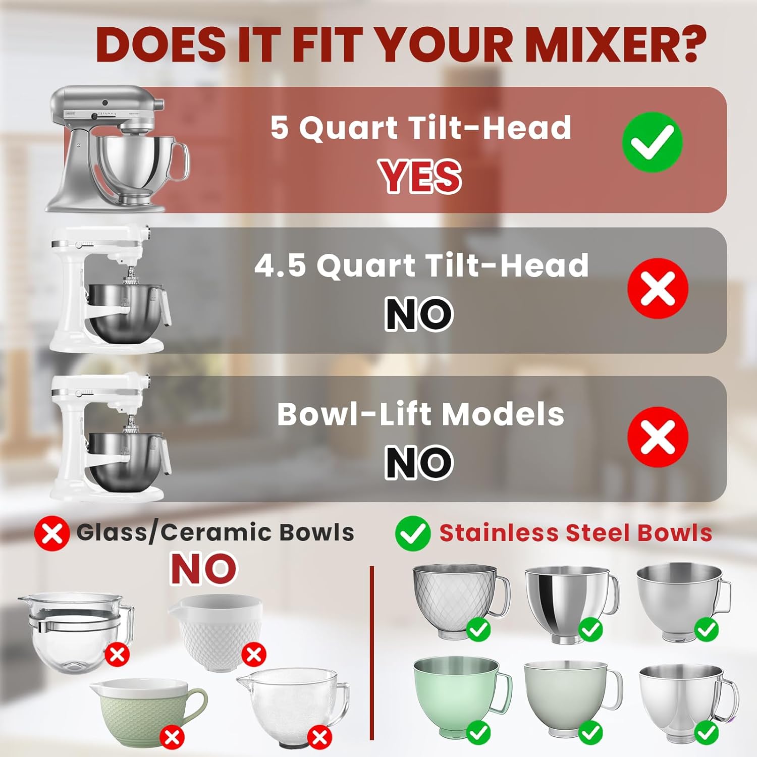[3-Pack] Collapsible Silicone Mixing Bowl Liners Compatible with KitchenAid 5 Qt Tilt-Head Mixers - Includes 3 Liners & 3 Lids - Foldable Space Saving, Microwave & Dishwasher Safe Accessories