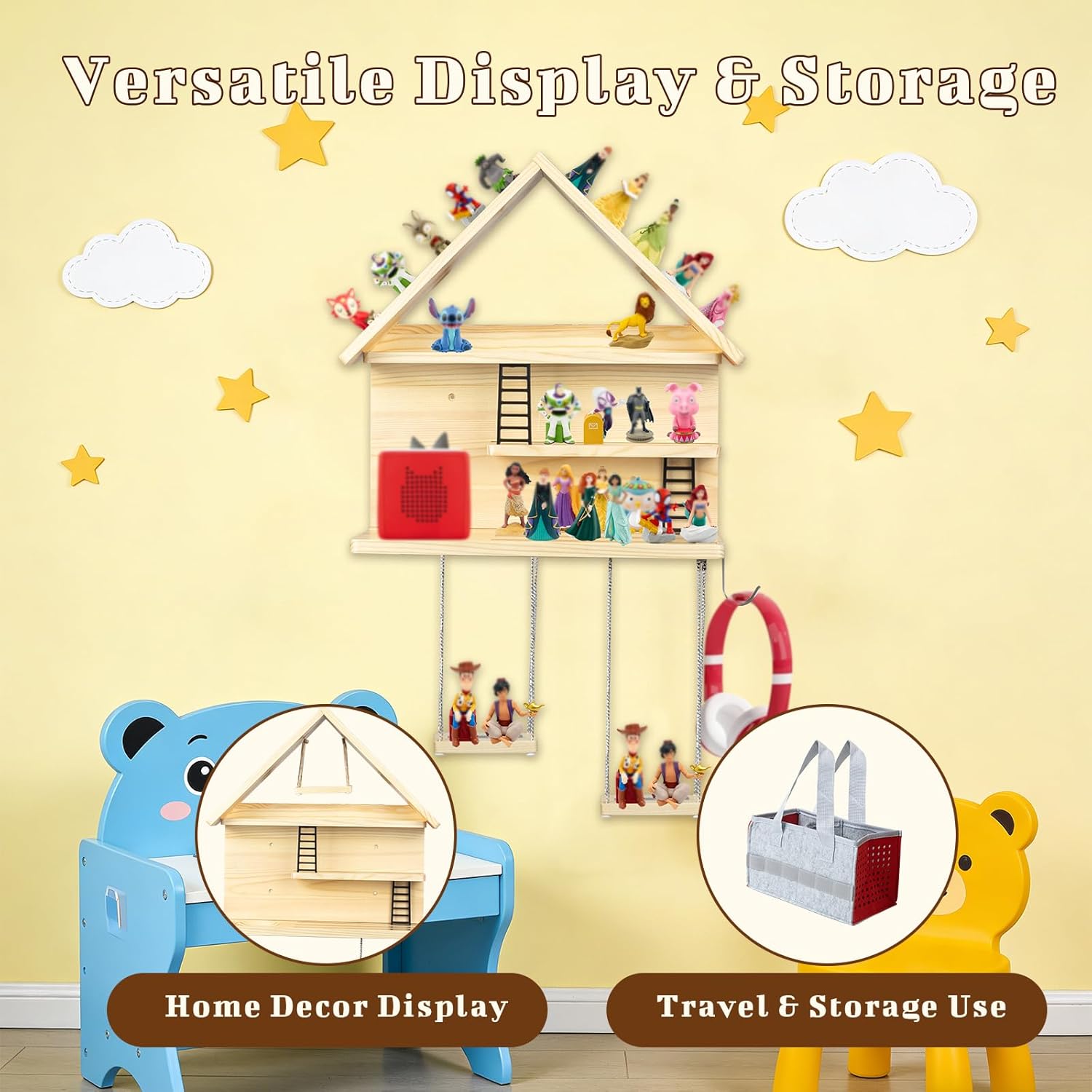 Magnetic House-Shaped Display Shelf for Tonies, 3-Tier Wooden Shelf with Magnetic Strips, Swing Display Seats, Storage Organizer Compatible with Toniebox, Mounting Hardware & Felt Storage Bag