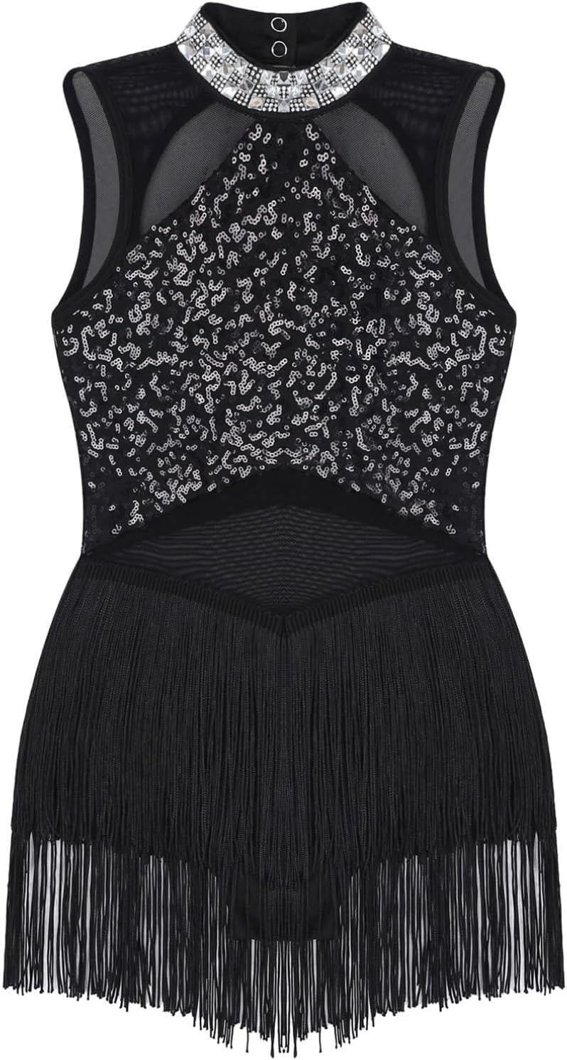 YiZYiF Kids Girls Sequin Tassel Latin Dance Dress Jazz Tango Rumba Salsa Ballroom Costume Dancewear