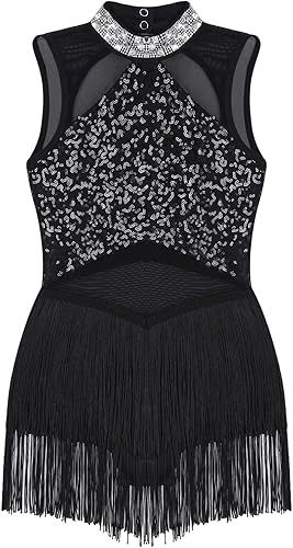 Miniatura 4 de YiZYiF Vestido de baile latino con borlas de lentejuelas para niñas Jazz Tango Rumba Salsa Salón Traje de baile