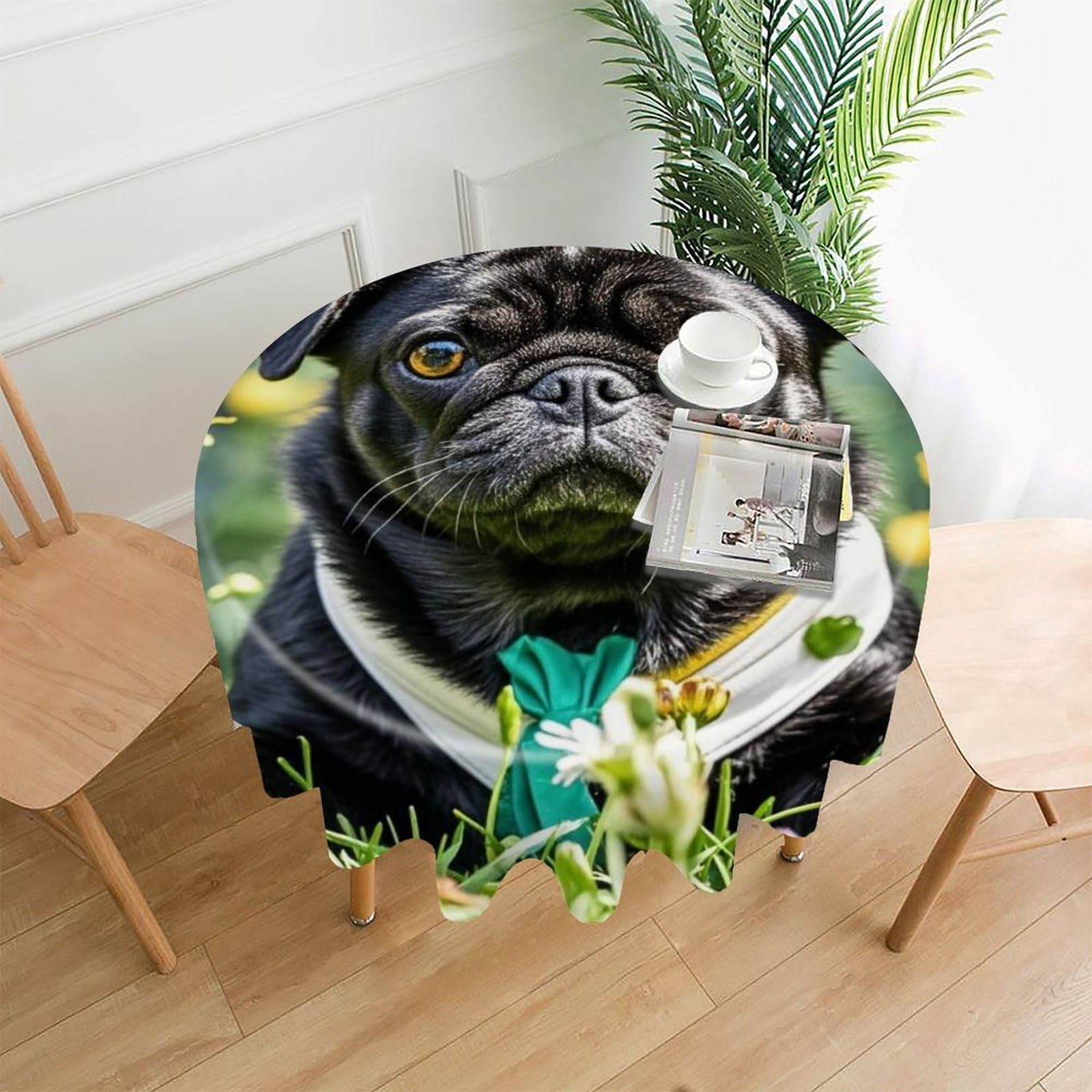 VstaDank Cute Black Pug Dog Table Cloth Fashions Washable Round Tablecloth Decorative Table Cover Comfortable Straight Edge Tablecover for Dining Kitchen Party Outdoor 60 Inch