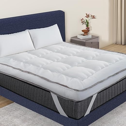 QUEEN ROSE Mattress Topper Queen, Extra Thick Pillow-Top Mattress Pad Bed Covers, Plush Soft Support, 3D Snow Down Alternative, Cooling Cloud-Like Sleep, Back Pain Relief