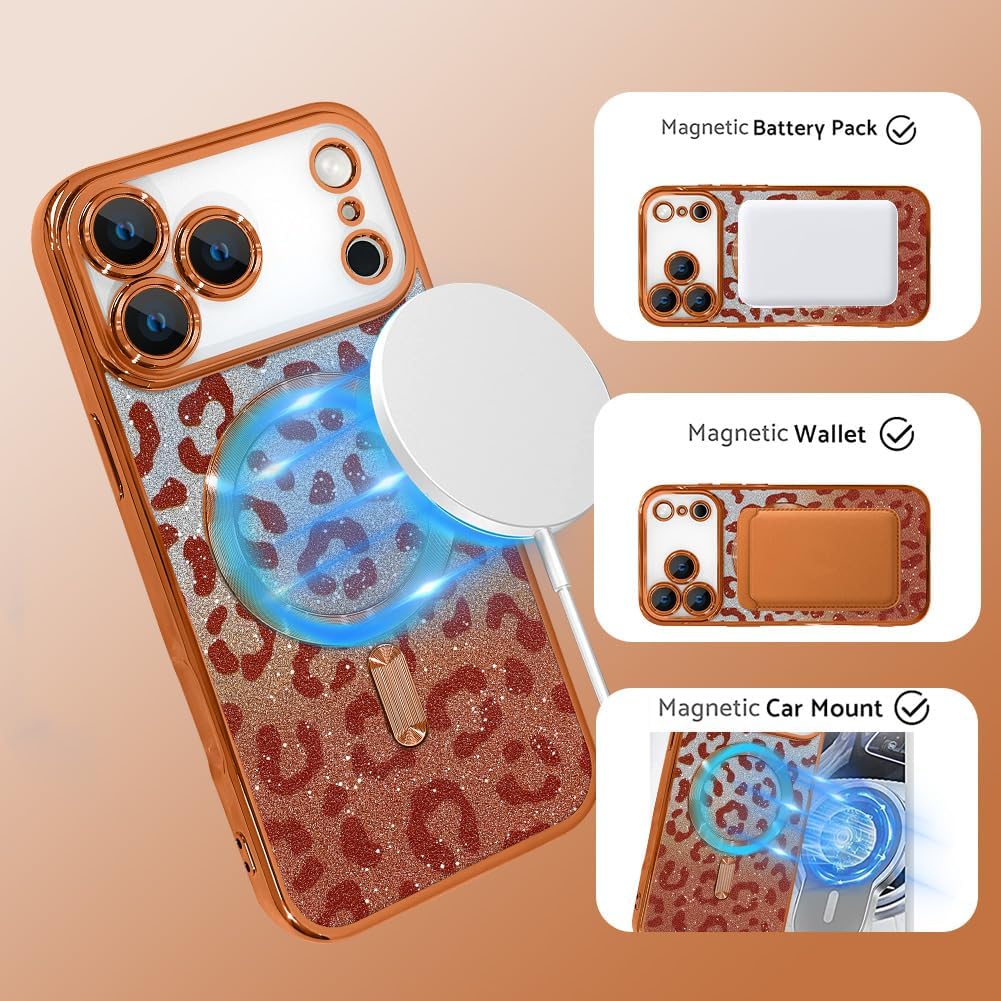 Case Fit for iPhone 17 Pro Max 6.9 Inch [Compatible with MagSafe] Glitter Bling Magnetic Phone Case [2 Pieces of Leopard Print Design Insert] Soft TPU Shockproof Phone Cover for Women - Orange