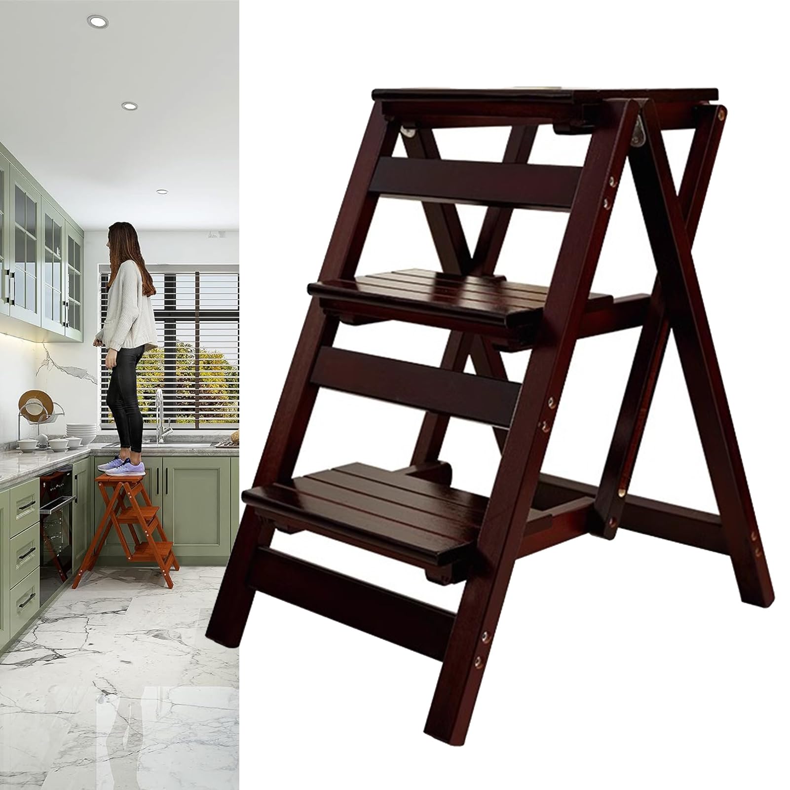 Tabouret échelle pliant 3 marches en bois pour adulte charge 150 kg