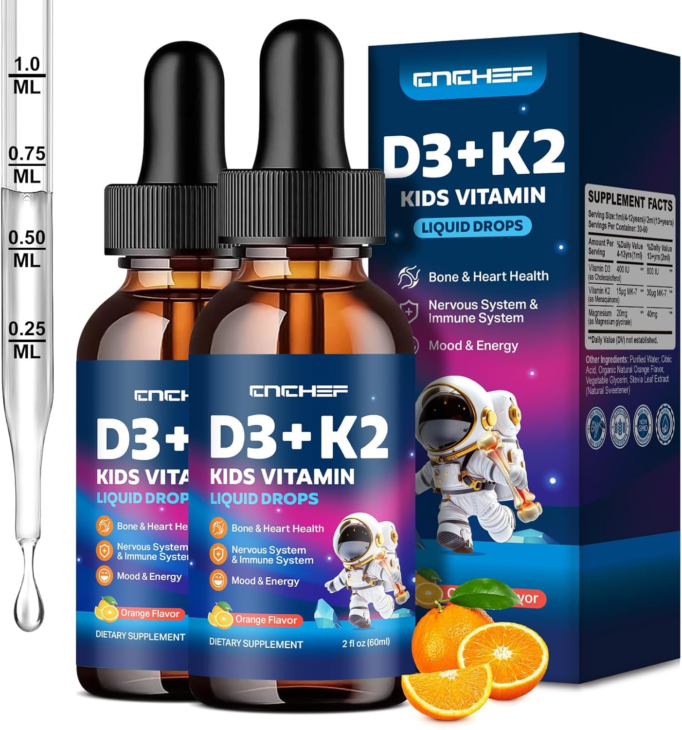 2PCS Vitamin D3 K2 Drops for Kids - Liquid Supplement with Magnesium for Calcium Absorption, Joint Health, Teeth & Heart - Non-GMO, Vegan, Orange, 4 Fl Oz - Kids Ages 4+
