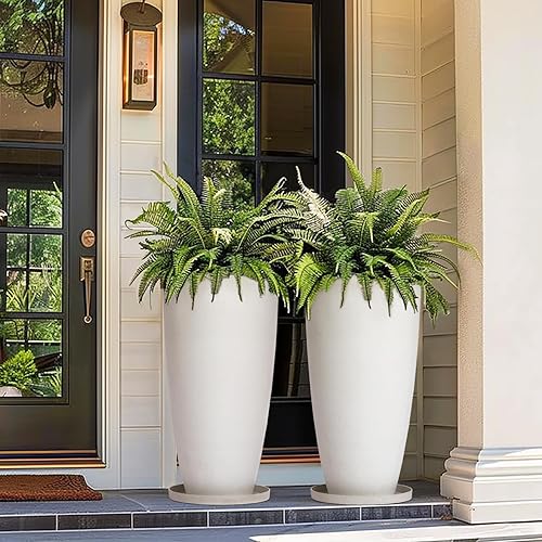 Miniatura 2 de LA JOLIE MUSE Macetas altas para exteriores con bandejas de platillo, macetas grandes para porche delantero, macetas de flores blancas, juego de 2