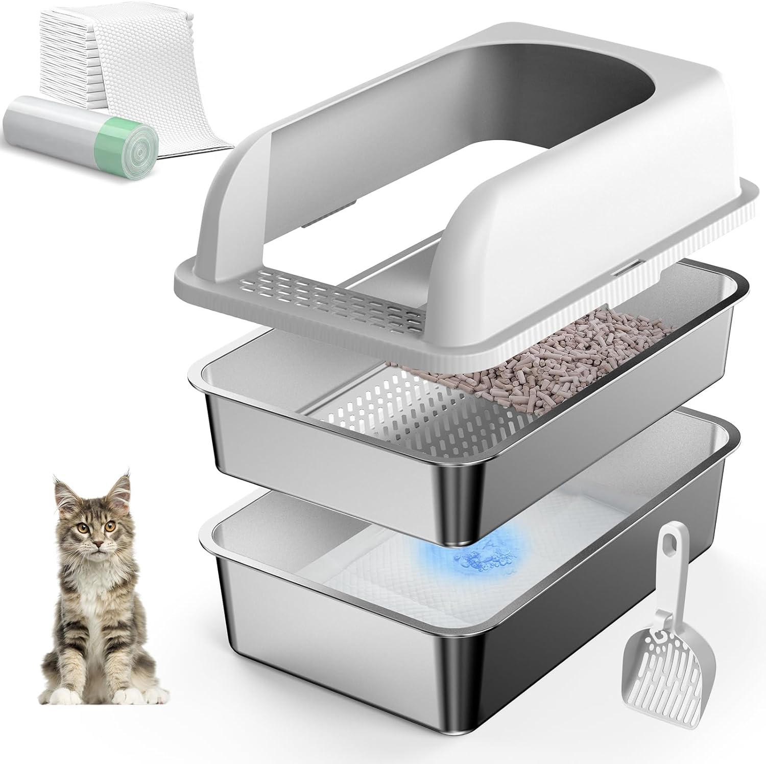 19.6''x13.7''x12'' Stainless Steel Litter Box with Lid, Sifting Cat Litter Box for Pine Pellets, High Sides Metal Litter Pan for High Peeing Cats, Anti-Leakage, Easy Cleaning, Less Tracking Medium
