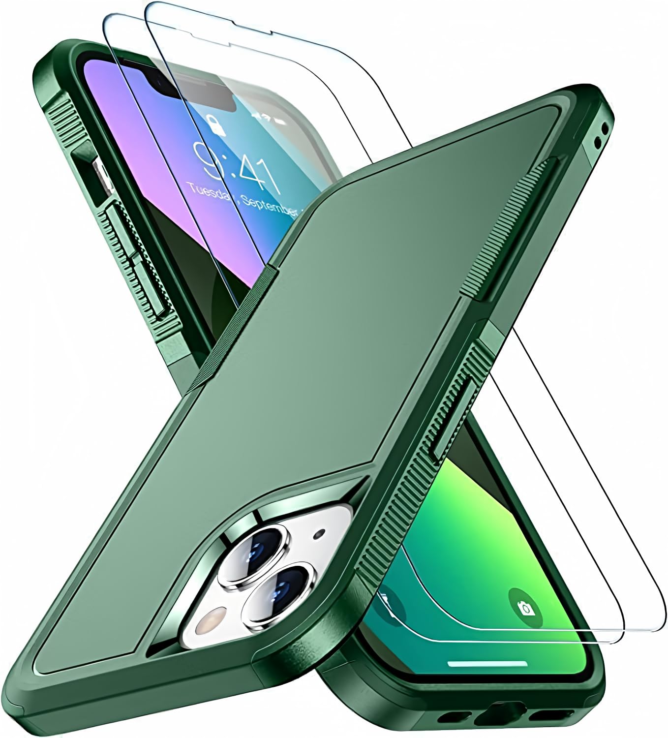 SPIDERCASE Designed for iPhone 13 Case, [10 FT Military Grade Drop Protection] [with 2 pcs Tempered Glass Screen Protector] Cover for iPhone 13 6.1 inch-Dark Green