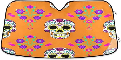 Qilmy Car Windshield Sun Shade,Colored Sugar Skull Foldable Visor Protector Keep Cool Sunshade Blocks UV Rays and Accessories to Protect for Cars,SUVs,Trucks-(S) 94