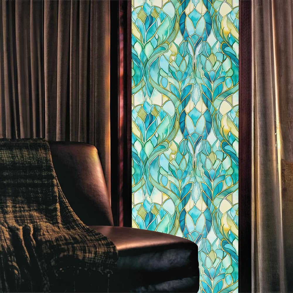 16“x118 Blue Stained Glass Double Side Window Films Art Decorative Window Privacy Tinting Film Self-Adhesive Static Glass Window Clings Stickers for Living Room Bathroom Glass Windows Decor