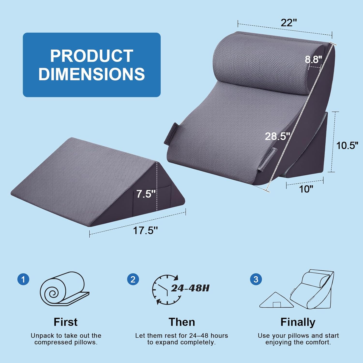 4pcs bed wedge pillow set for after surgery, orthopedic wedge pillows for sleeping, back, neck and leg pain relief, adjustable memory foam support pillows for acid reflux, gerd & snoring, grey dark grey 4pcs