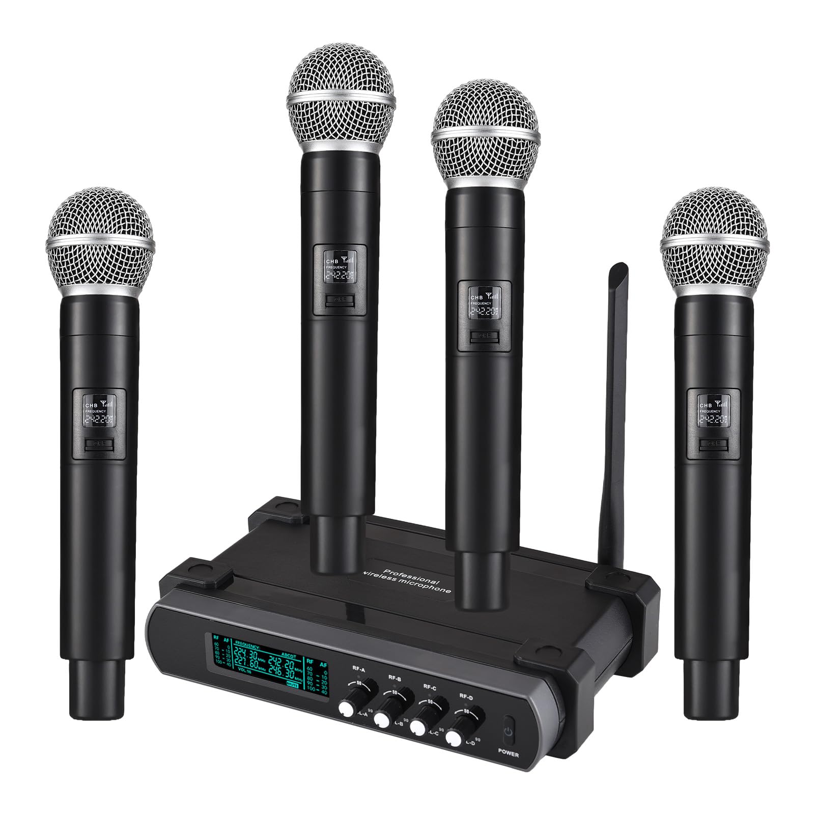 Domary Bezprzewodowy System Mikrofonowy 2,4G z 4 Mikrofonami Ręcznymi i Odbiornikiem Transmisja na odległość 80 M do Karaoke
