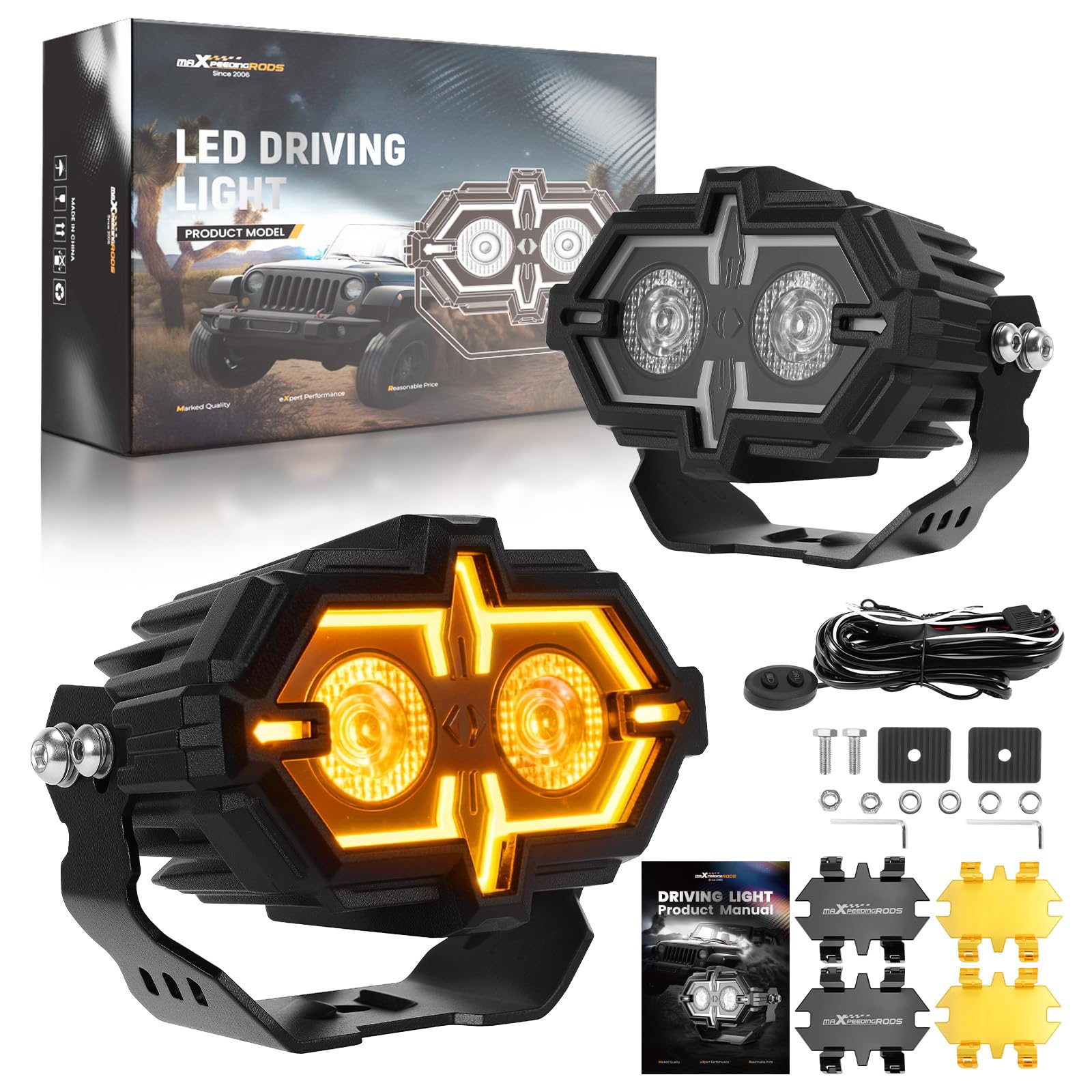 maXpeedingrods 4,5 Zoll LED Off-road Lichtmodul mit Kombistrahl 108 W, Gelb/Weiß DRL & Mehrmodus Fahrlicht, Wasserdicht mit Wärmeableitung, Ferngesteuert, Plug-and-Play für Lkw, ATV, SUV, 2 PCS