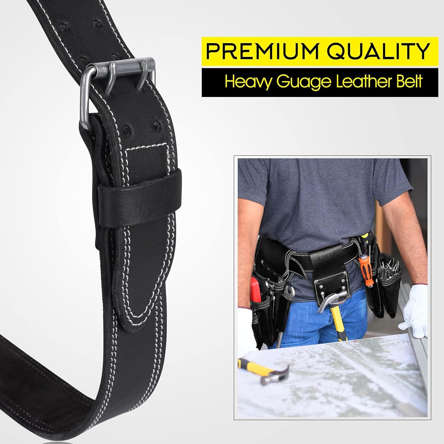 FUERI Black Heavy-Duty Full Grain Leather Work Belt for Men | Adjustable tools work belt for Suspenders and Pouches for Carpenters, Contractors, Electricians, Framer and Ironworker