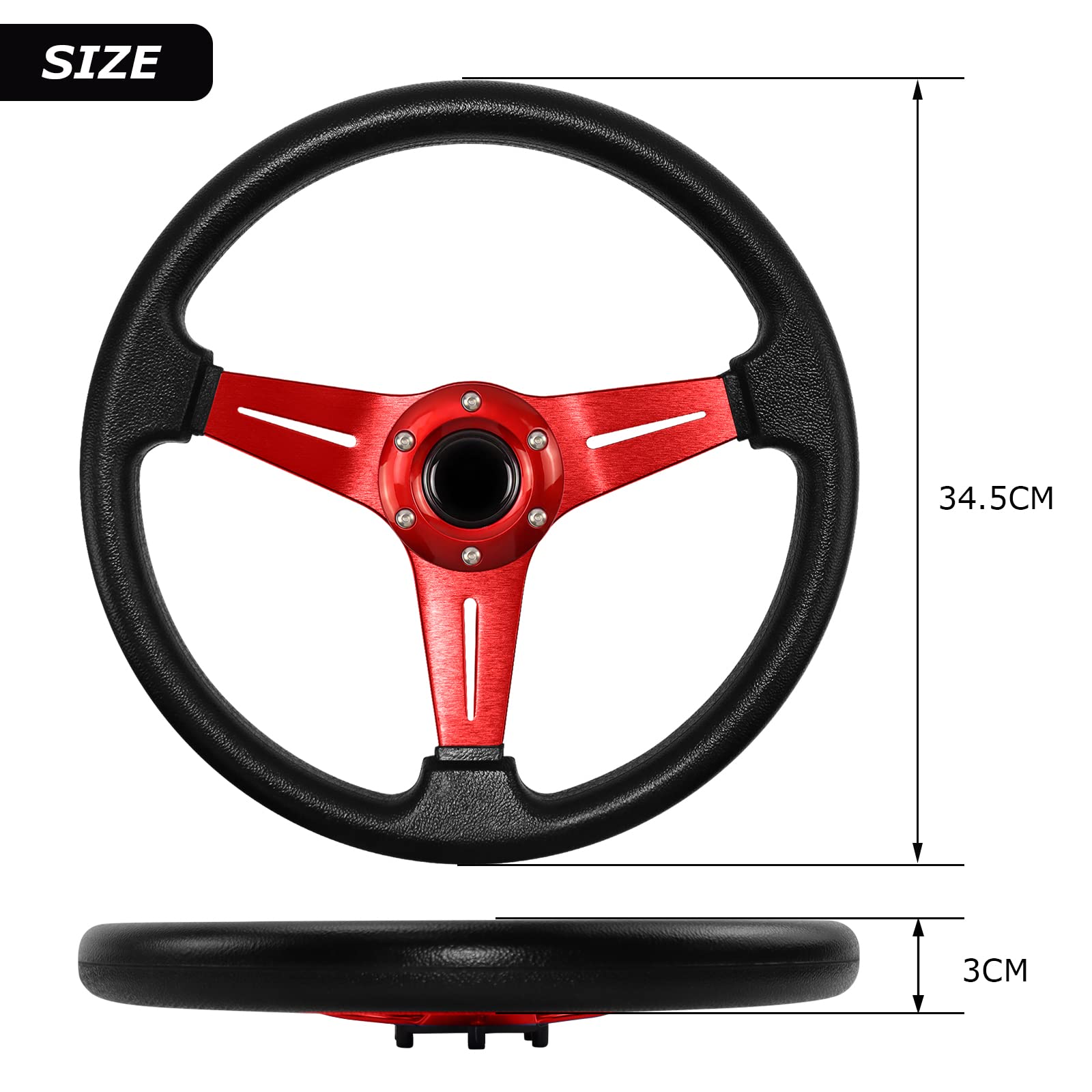 Volant de voiture de course universel,13,6 "6 poignée boulonnée en cuir vinyle avec bouton klaxon pour course/rallye/course/simulation (Rouge)