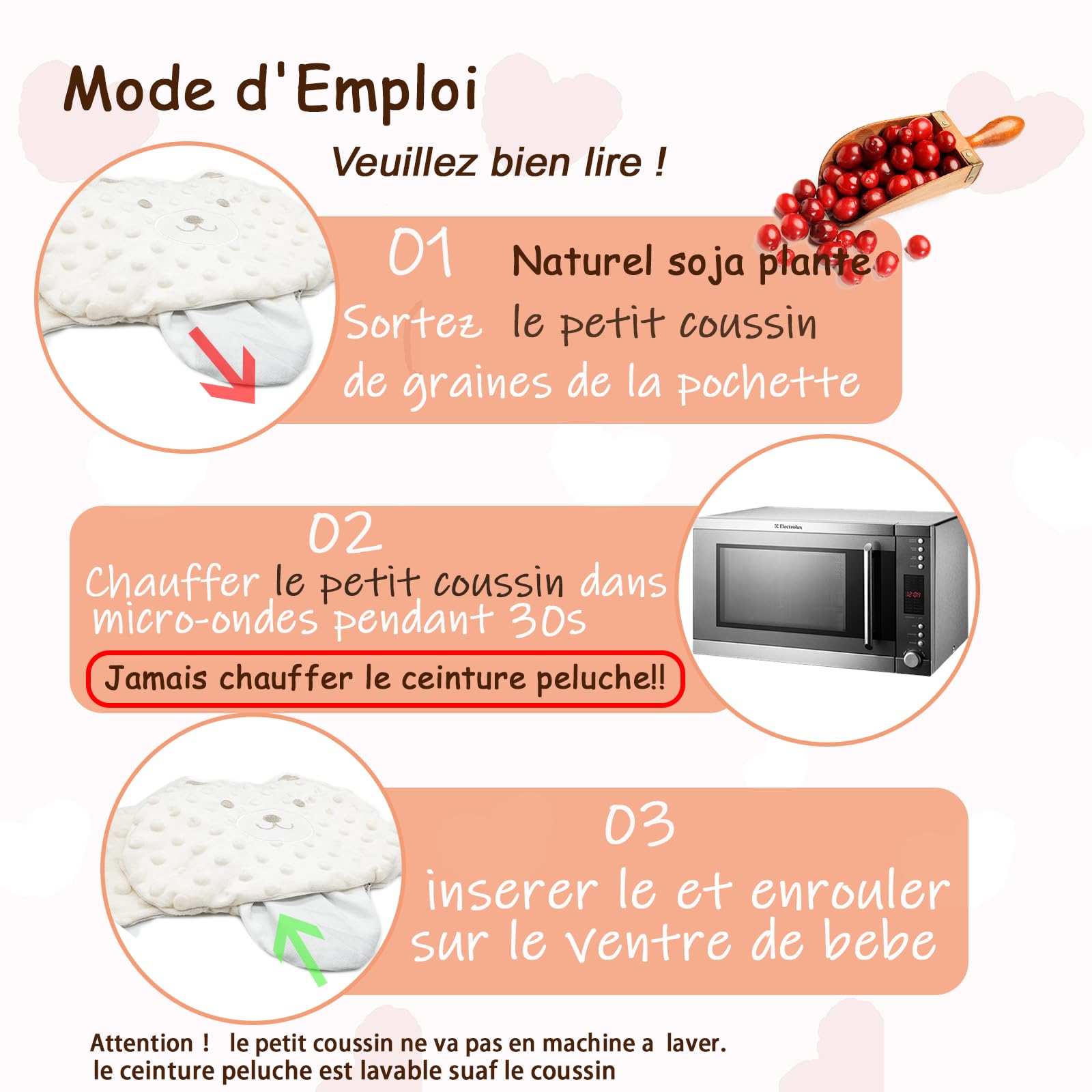 Bouillotte Bebe Anti Colique Ceinture Peluche Coussin Chauffant Micro Onde Rembourrage Naturel CE