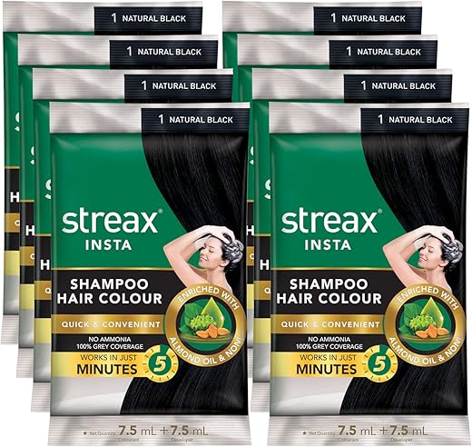 Streax Insta Shampoo Hair Colour for Men & Women, Natural Black, 18ml (Pack of 8) | Enriched with Almond Oil & Noni Extracts | Long-Lasting Instant Colour