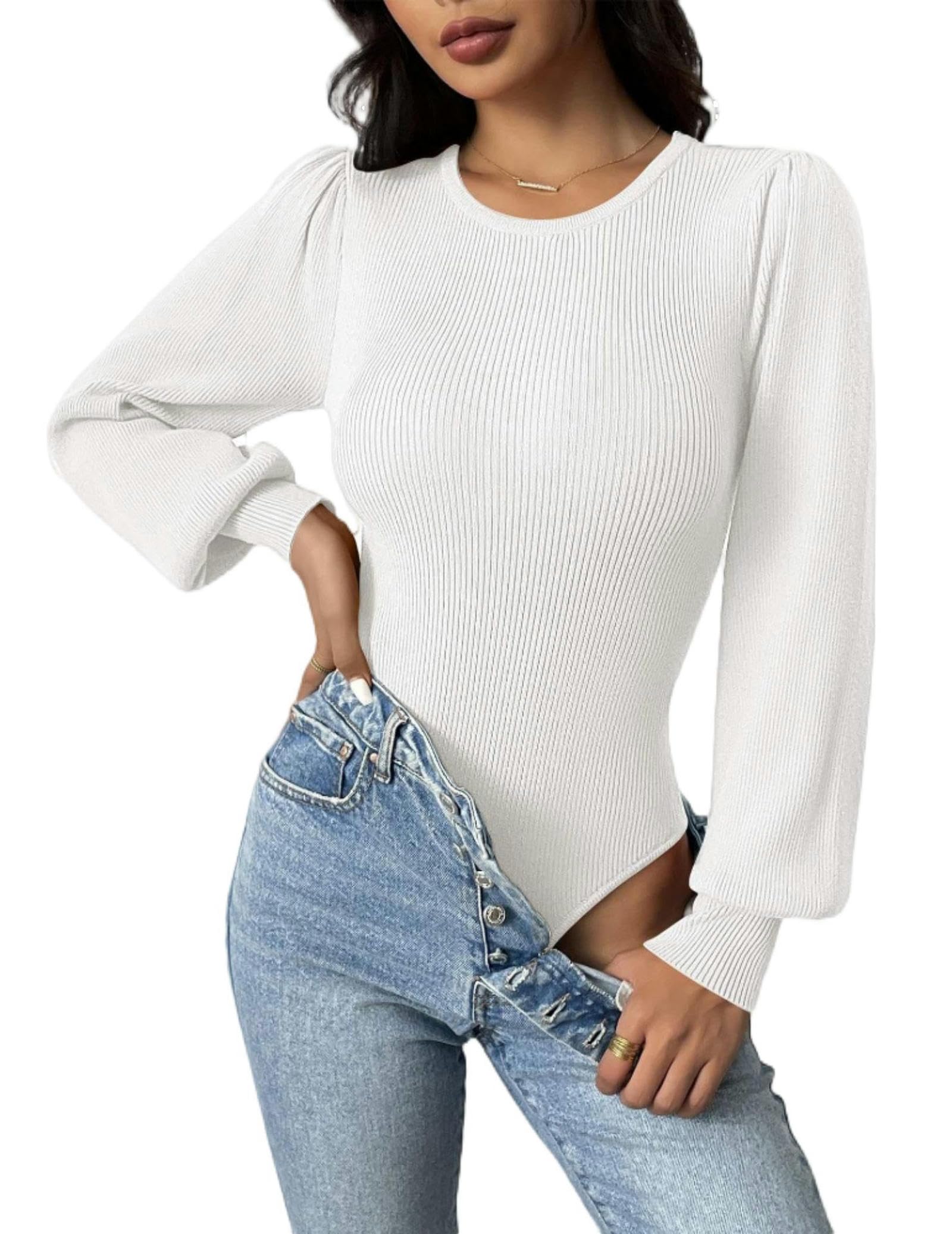 Body Ajustado de Invierno con Cuello Redondo y Mangas abullonadas para Mujer - Azul - L