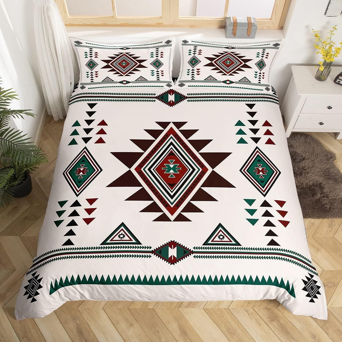 Homewish Aztec Bohemian Single Duvet Cover Set Boho Bedroom Decor - Boho Geometric Bedding with 1 Pillowcase - Tribal Arrow Pattern Quilt Cover All Season - Vintage Western Country Bed Set