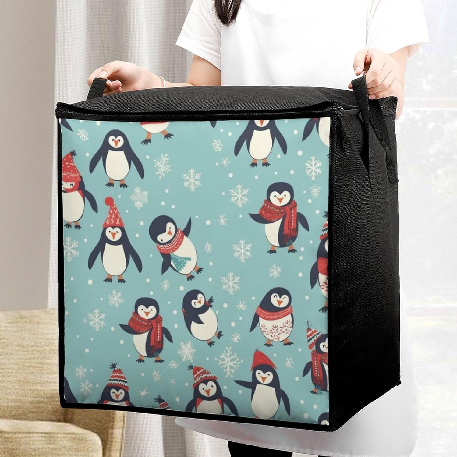 Portable Quilt Storage Bag,Winter Christmas Penguins Printed Foldable Wardrobe Storage Box Foldable Storage Bag with Lids And Handle Large Clothing Storage Bag for Comforters Clothes Blankets Pillows