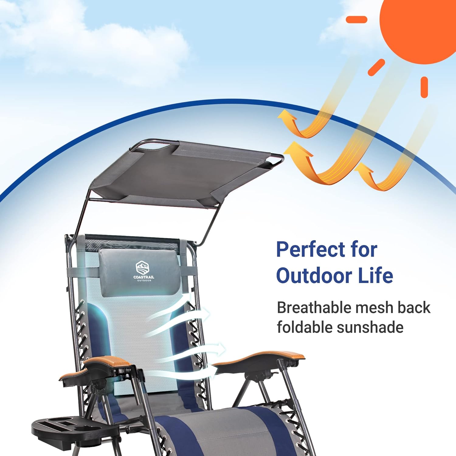 Coastrail Outdoor Premium Zero Gravity Reclining Lounge Chair with Sun Shade, Padded Seat, Cool Mesh Back, Pillow, Cup Holder & Side Table for Sports Yard Patio Lawn Camping, Support 400lbs Navy&Grey : Patio, Lawn & Garden